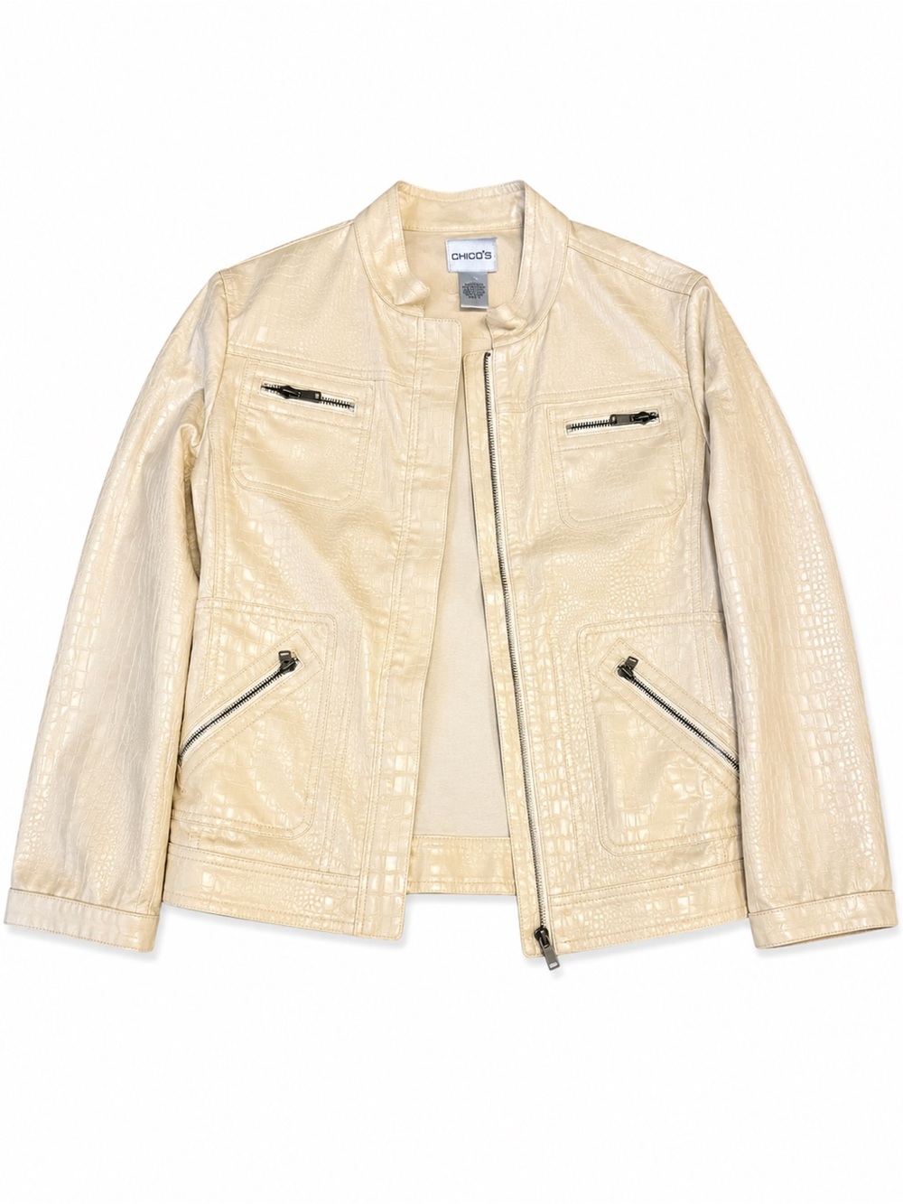 Chico’s Croc Embossed Moto Jacket Size 1 M 8 Cream Champagne Zip Stretch